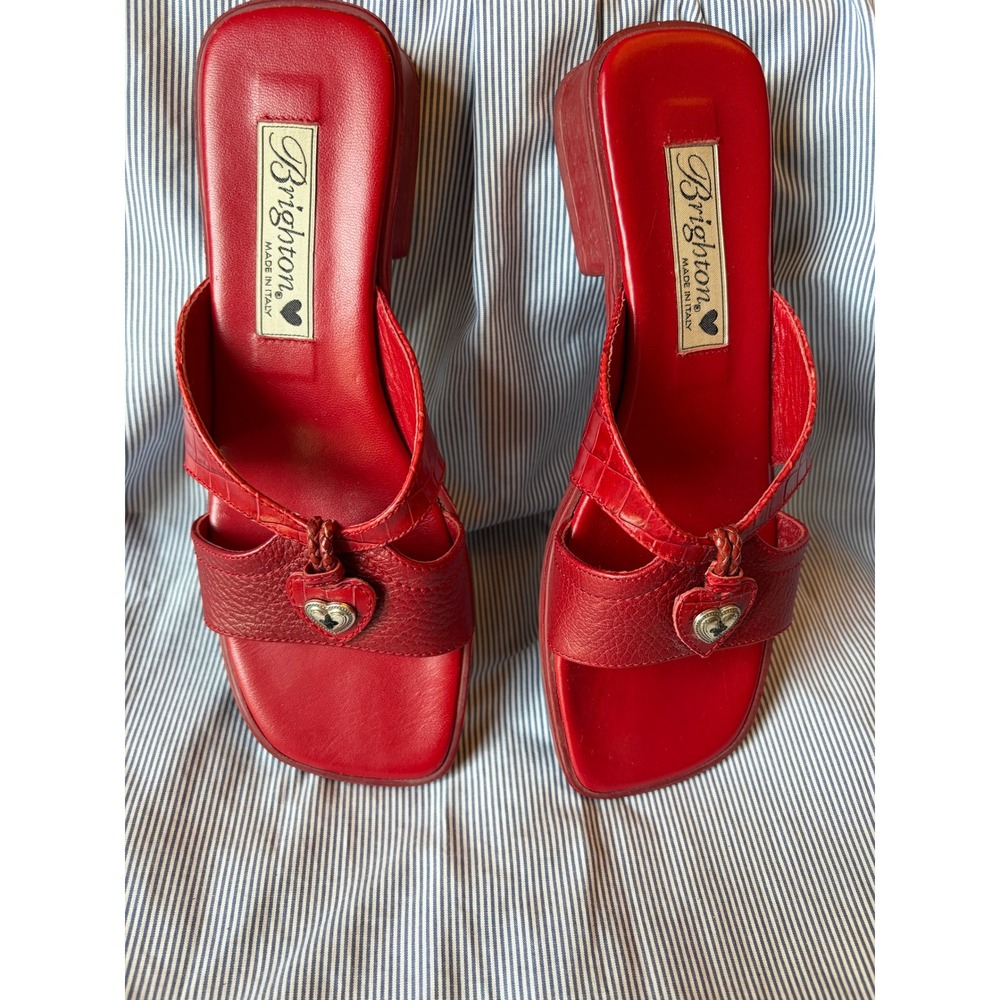 Brighton Red Leather Heart Slide Sandals Made in Italy Croc Embossed Mules
